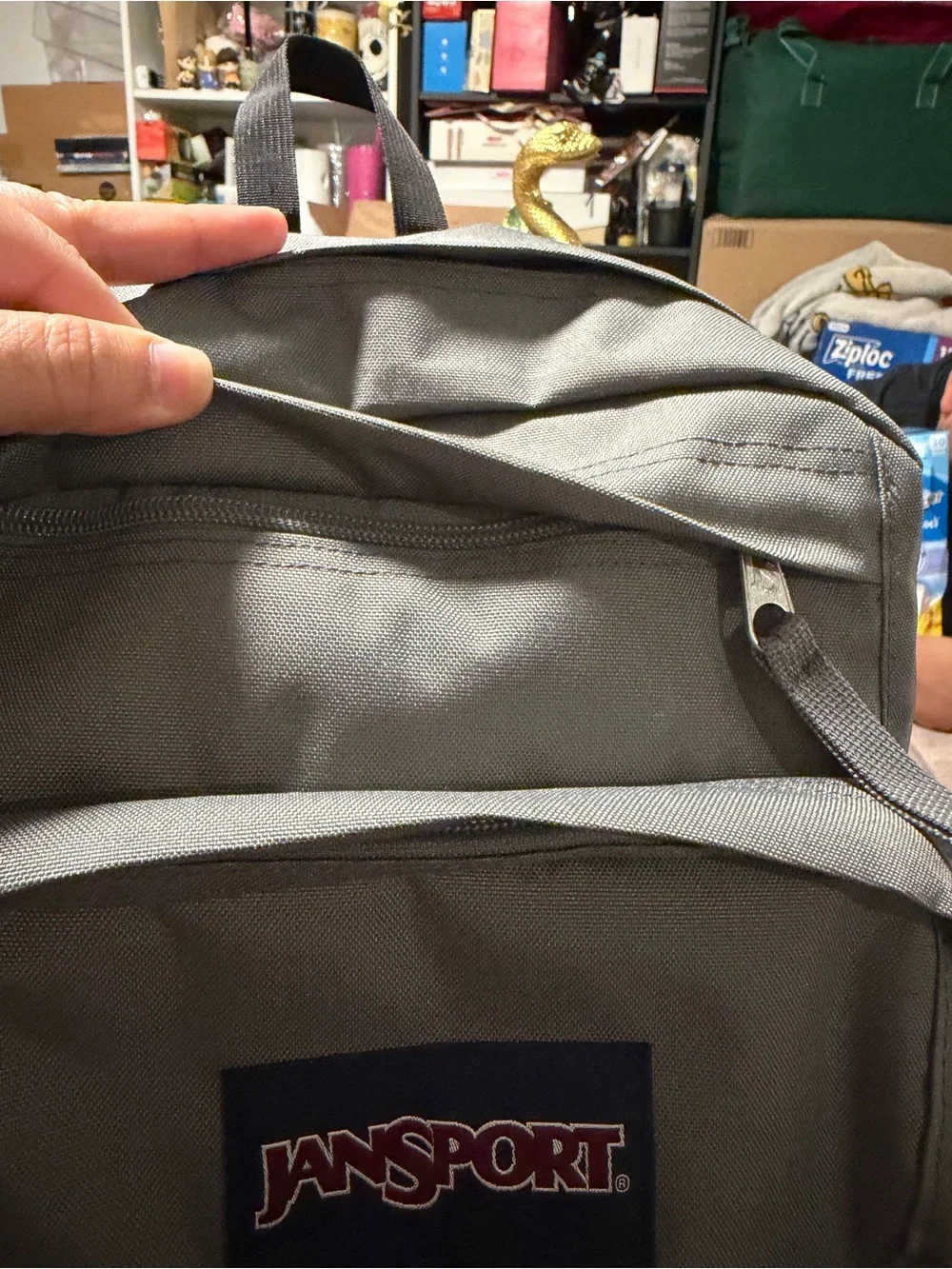 Jansport Gray Backpack with Front Pocket and Logo Patch